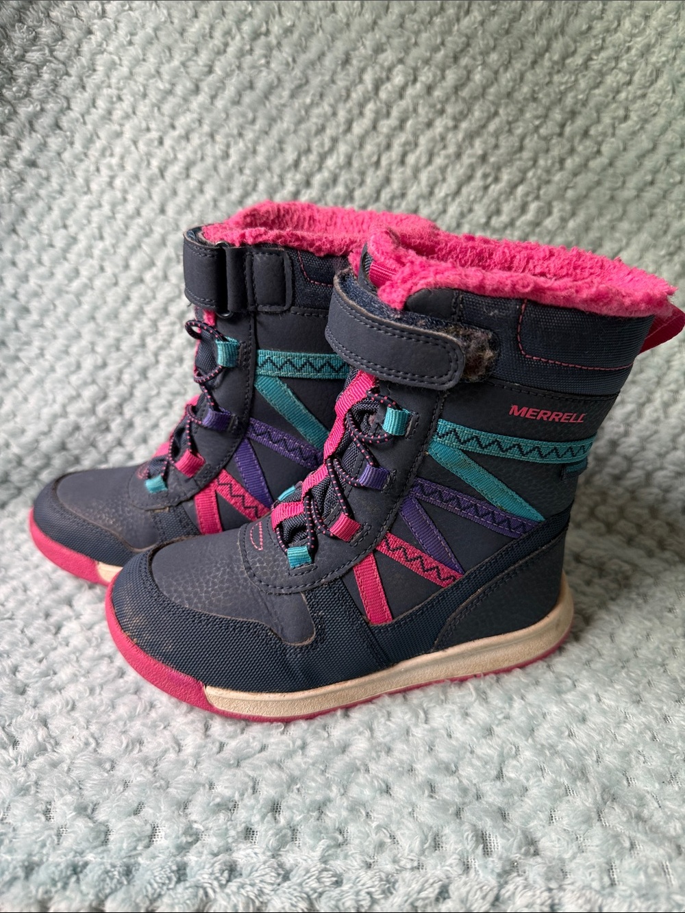 Merrell Kids Navy Boots with Pink & Teal Accents